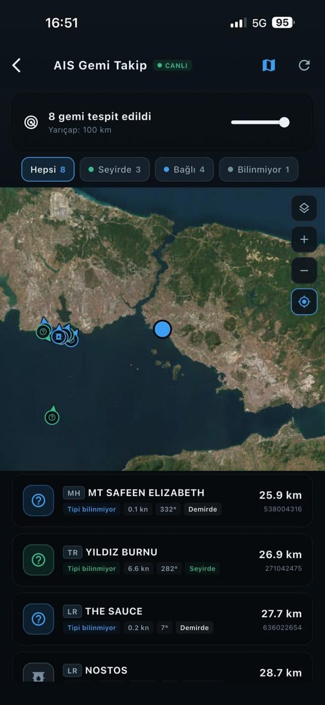 AIS gemi takibi: harita üzerinde tespit edilen gemiler ve mesafeleri