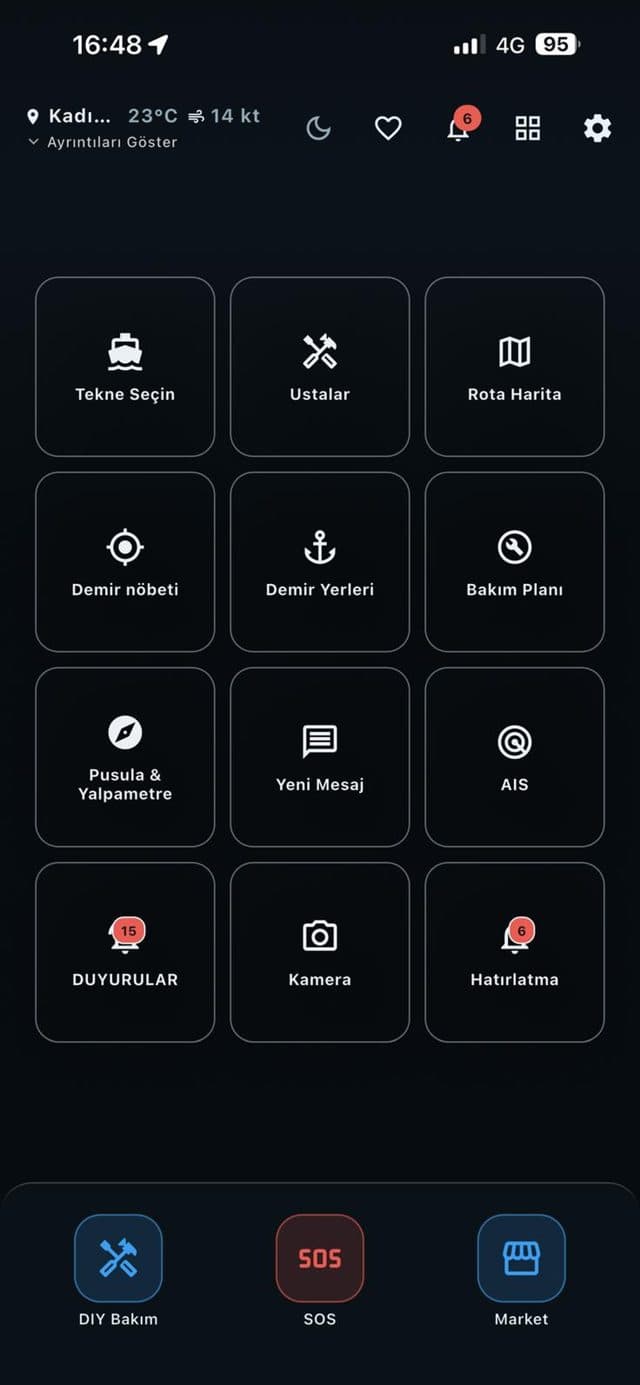 {marka} Mobile ana ekran: tekne, ustalar, rota, demir nöbeti ve bakım planı kısayolları