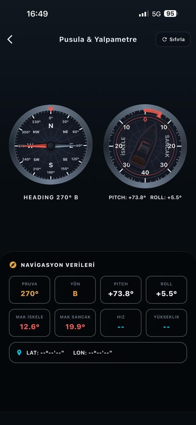 Pusula ve yalpametre: pruva, yön, yatış ve trim değerleri