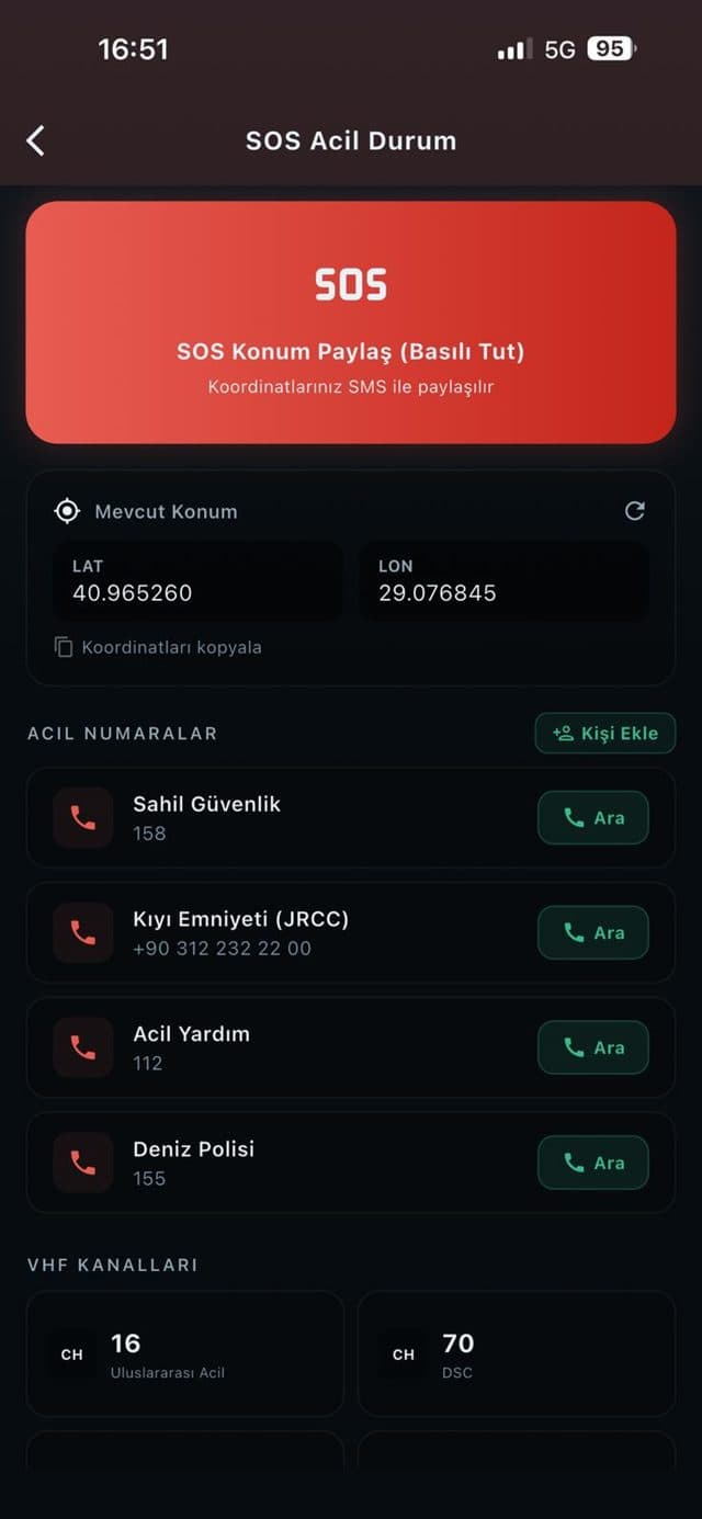 SOS acil durum ekranı: konum paylaşımı, acil numaralar ve VHF kanalları